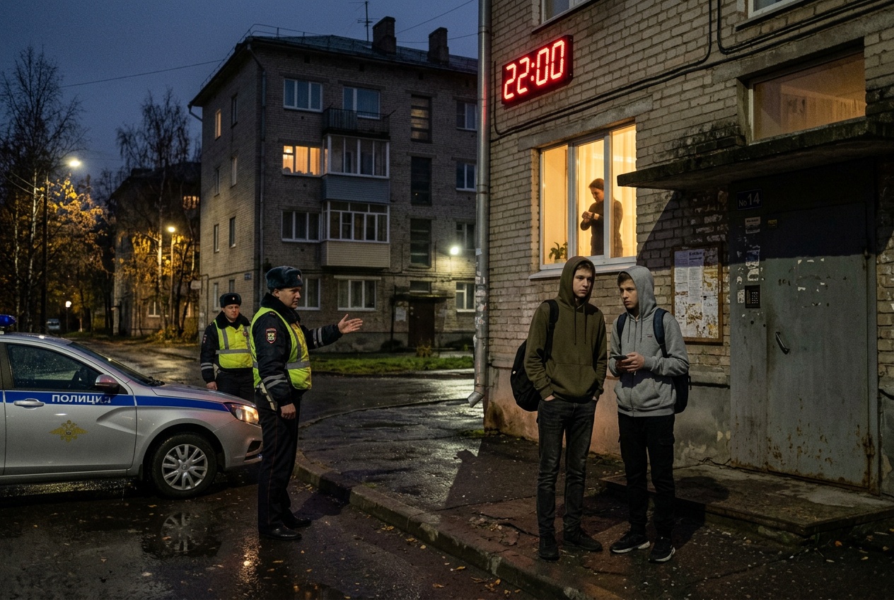 ИИ-изображение: время 22:00 подростки около подъезда, родитель ждёт в окне, полиция контролирует соблюдение комендантского часа.