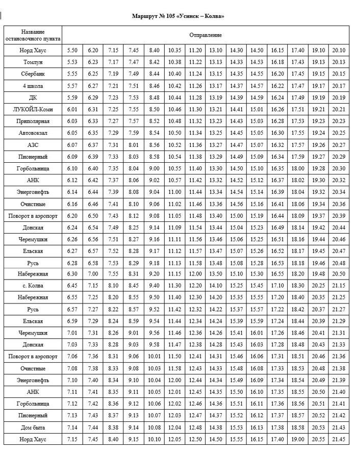 Маршрут № 105 «Усинск - Колва».